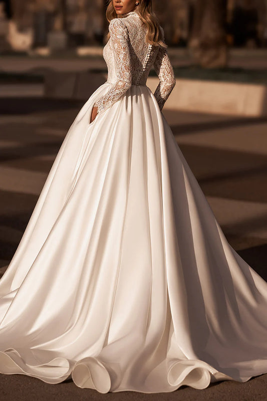 Glamorous Ball-Gown High-Neck Long-Sleeve Open-Back Train-Length Wedding Dress