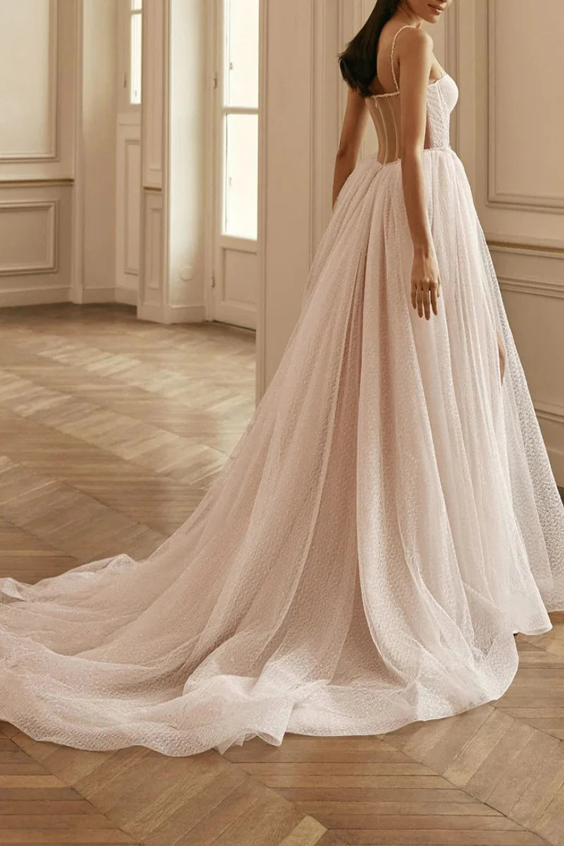 Blushing Pink Glitter Tulle A-Line Sweetheart Back Zip Floor-Length Dress