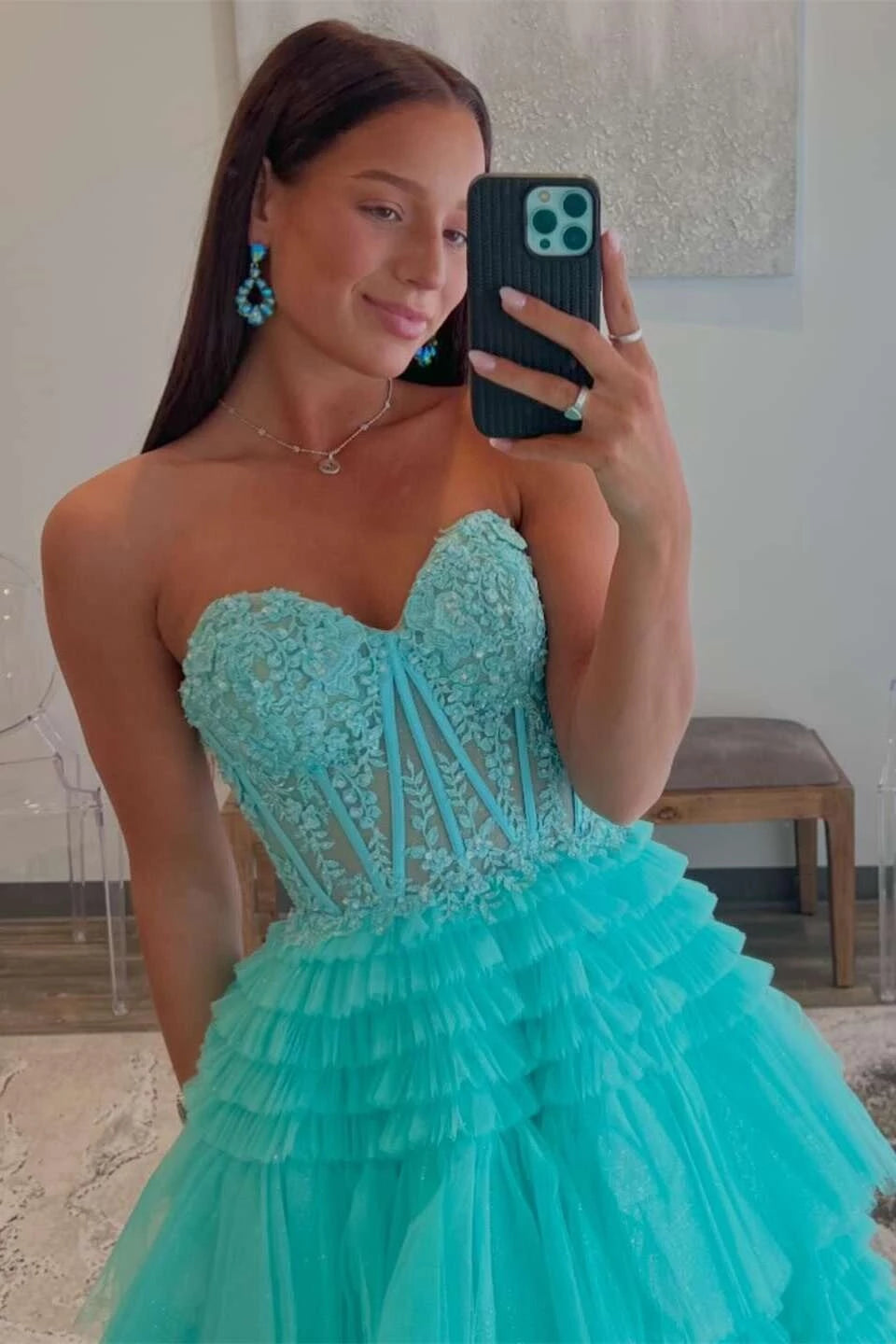 Glamorous Ball-Gown Sweetheart Strapless Open-Back Tiered-Ruffle High-Slit Train Evening Dress