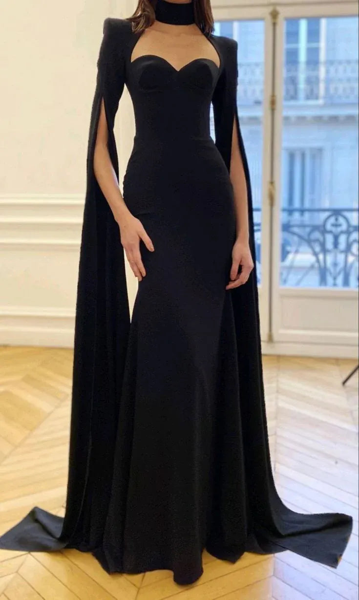 Glamorous Black Choker Neck Cut-Out Cape Sleeve Mermaid Prom Gown.