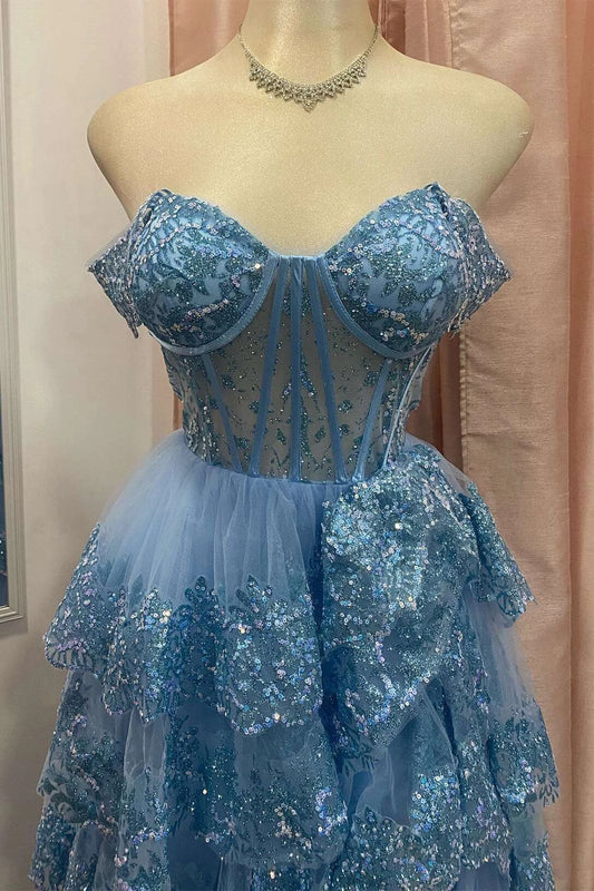 Glamorous Blue Sequined Off-Shoulder Sleeveless Ruffled Back Maxi Evening Dress