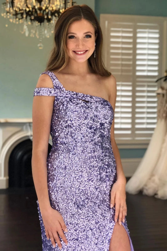 Glamorous Lavender Sheath One-Shoulder Sleeveless Backless Slit Evening Dresses