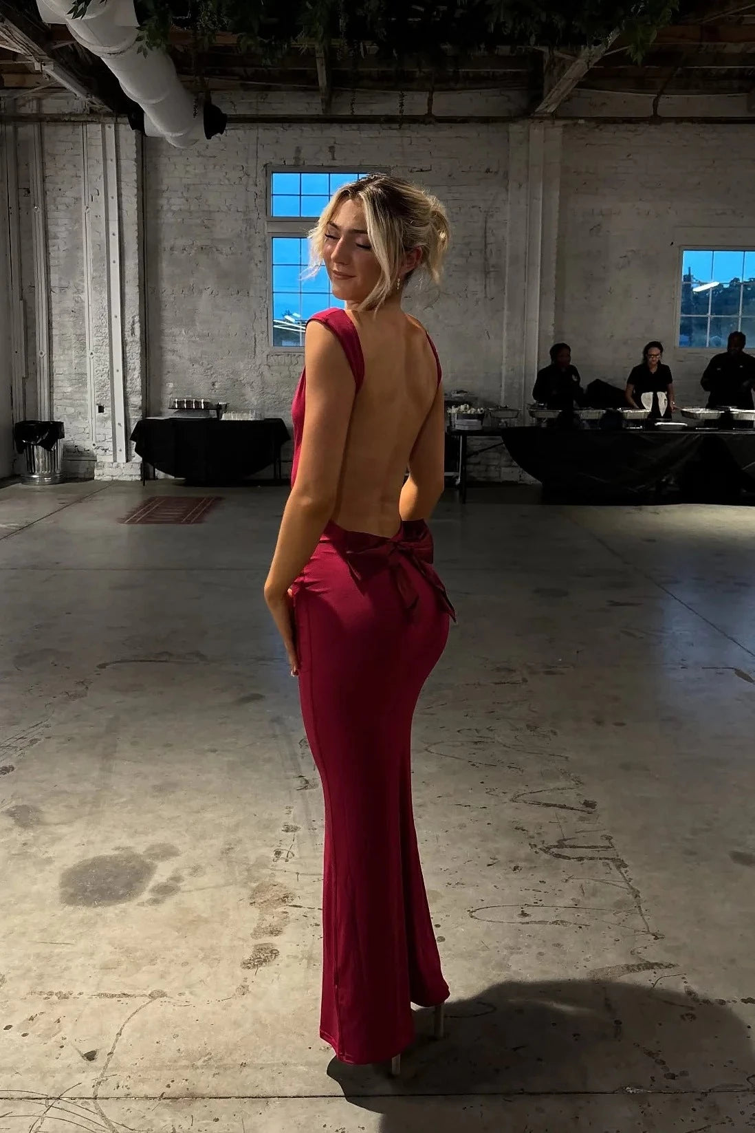 Glamorous Mermaid Cowl Neck Cap Sleeves Open Back Floor-Length Burgundy Satin Evening Dresses