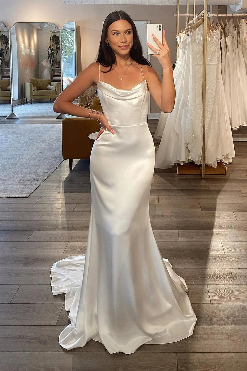 Glamorous Mermaid Cowl-Neck Spaghetti-Strap Open-Back Train-Length Wedding Dress