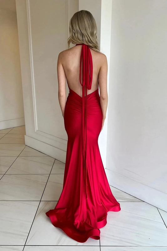 Glamorous Mermaid Halter Deep-V Tie-Back Satin Train Evening Dress