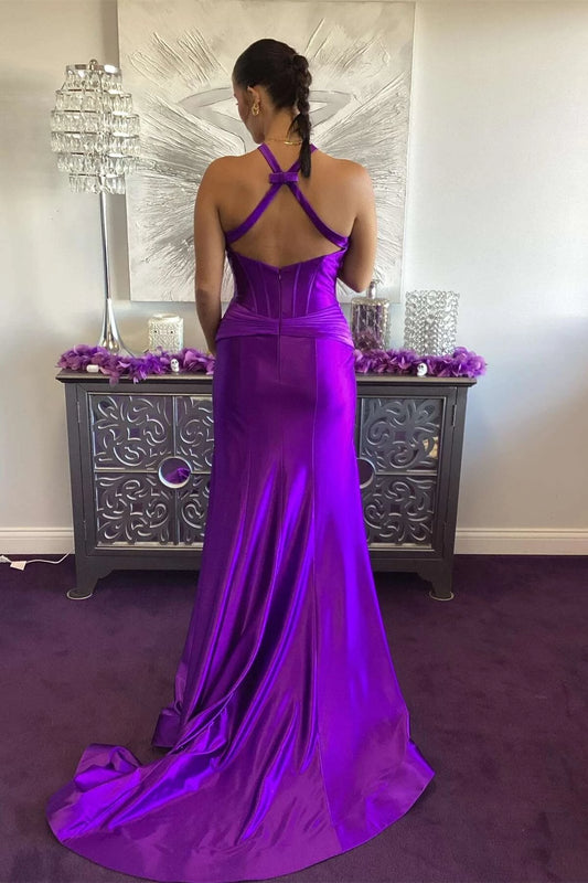 Glamorous Mermaid Halter Sleeveless Crisscross Back Sweep Train Purple Evening Dresses