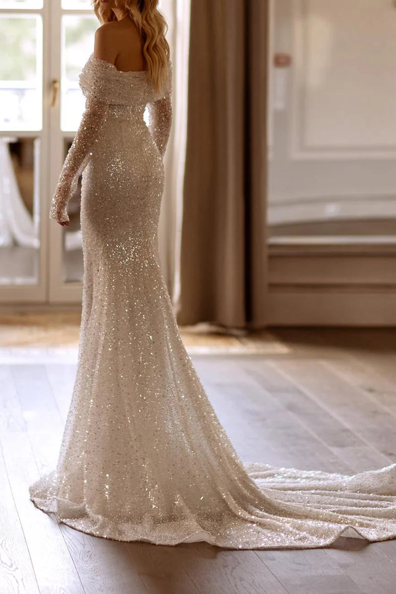Glamorous Mermaid Off Shoulder Long Sleeve Button Back Train Length Wedding Dress