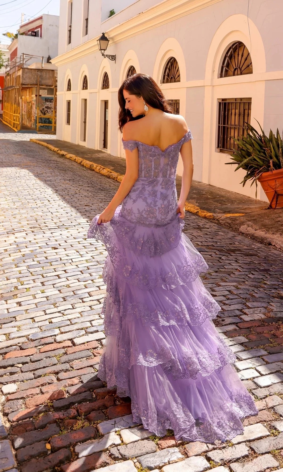 Glamorous Mermaid Off-The-Shoulder Short-Sleeve Lace-Up-Back High-Slit Floor-Length Prom Dress