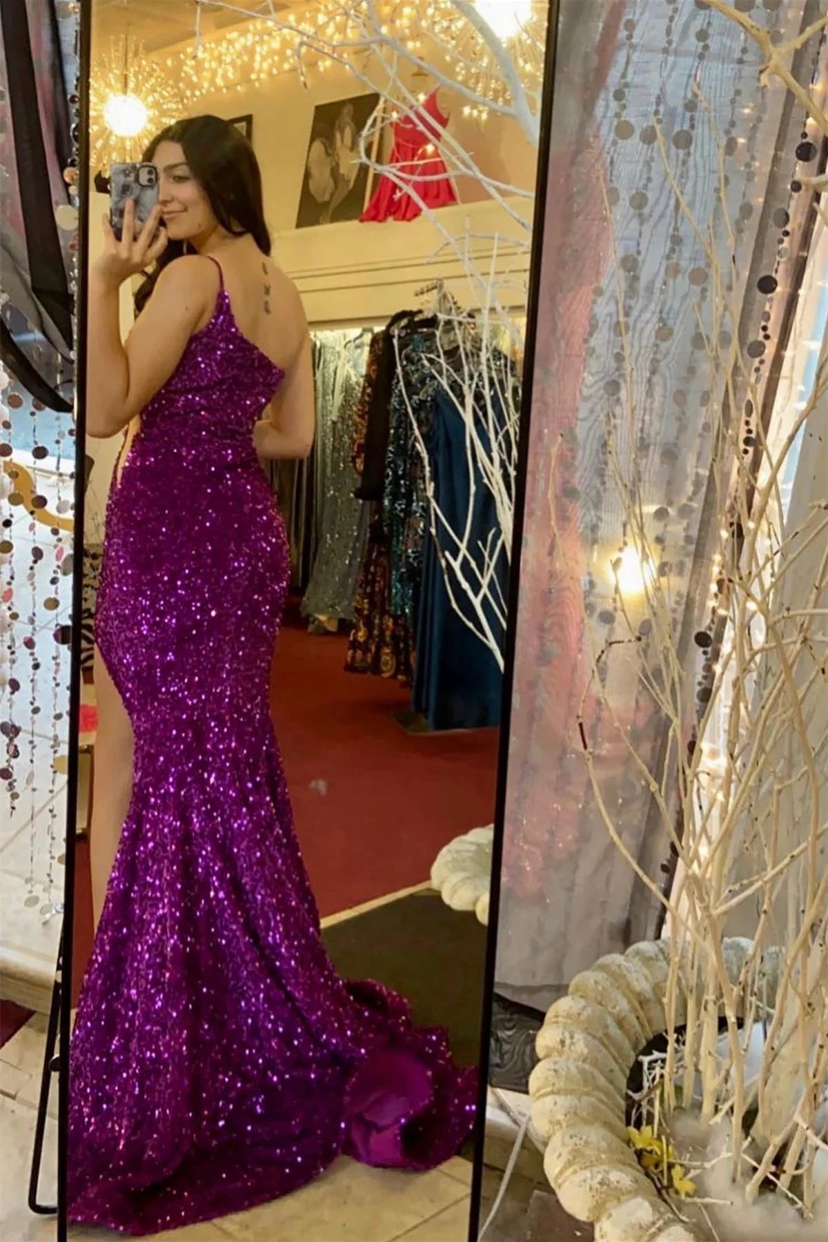Glamorous Mermaid One-Shoulder Sleeveless Open Back Floor-Length Fuchsia Sequin Evening Dresses