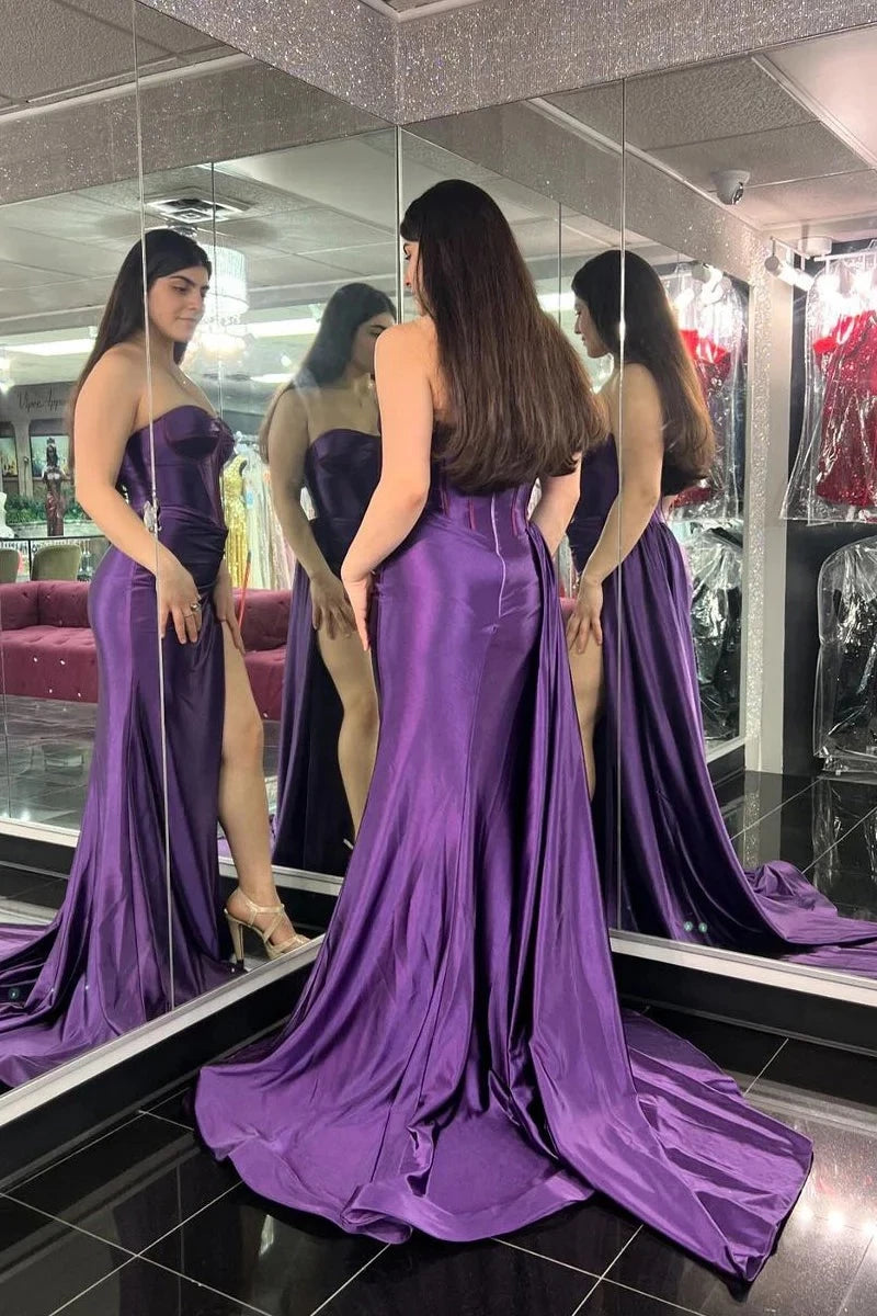 Glamorous Mermaid Strapless Sleeveless Open Back Sweep Train Purple Satin Evening Dresses