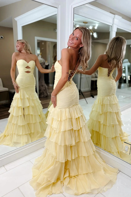 Glamorous Mermaid Strapless Sweetheart Lace-Up-Back Cutout Tiered-Ruffle Evening Dress