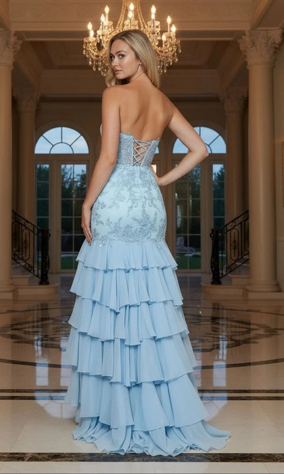 Glamorous Mermaid Strapless Sweetheart Lace-Up-Back High-Slit Floor-Length Prom Dress