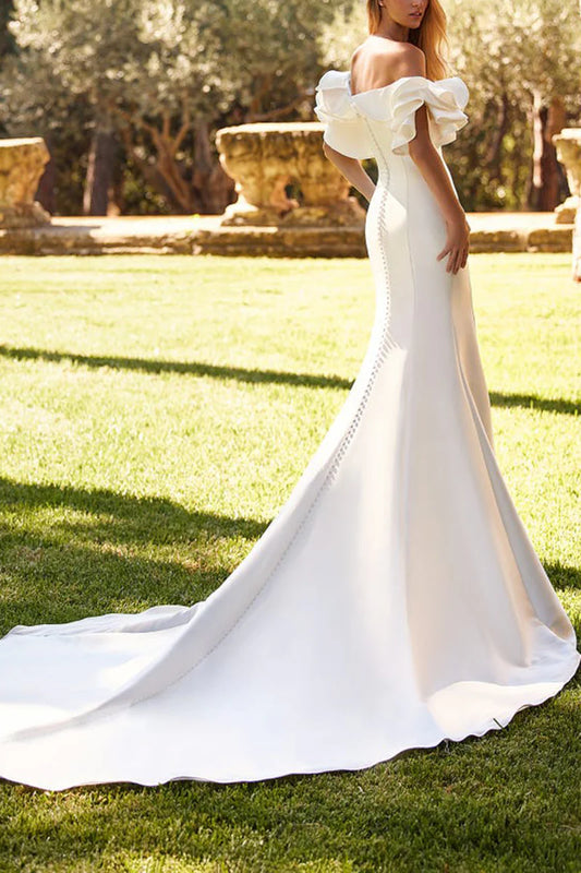 Glamorous Mermaid Sweetheart Off-Shoulder Open-Back Train-Length Wedding Dress