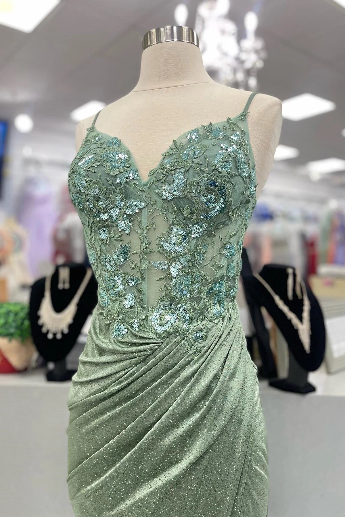 Glamorous Mermaid Sweetheart Spaghetti Straps Ruched Back Sweep Train Sage Green Sequin Velvet Evening Dresses