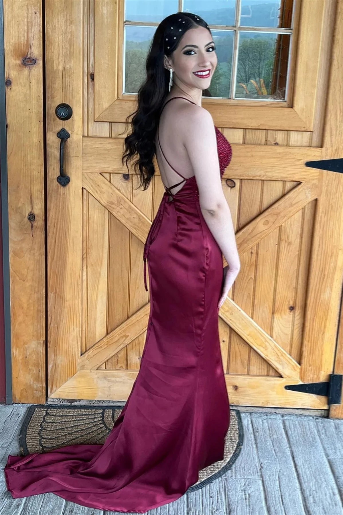 Glamorous Mermaid V-Neck Spaghetti Straps Lace Up Back Sweep Train Burgundy Evening Dresses