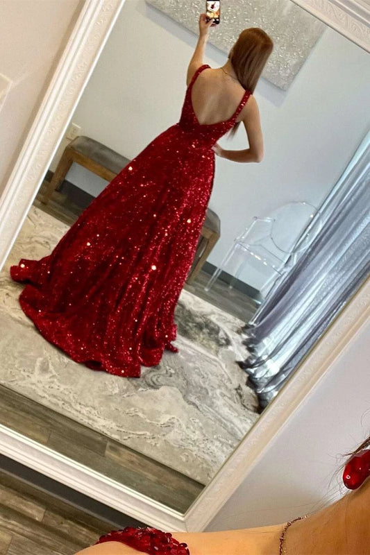 Glamorous Red Sequin Square Neck Sleeveless Backless Maxi Evening Dress