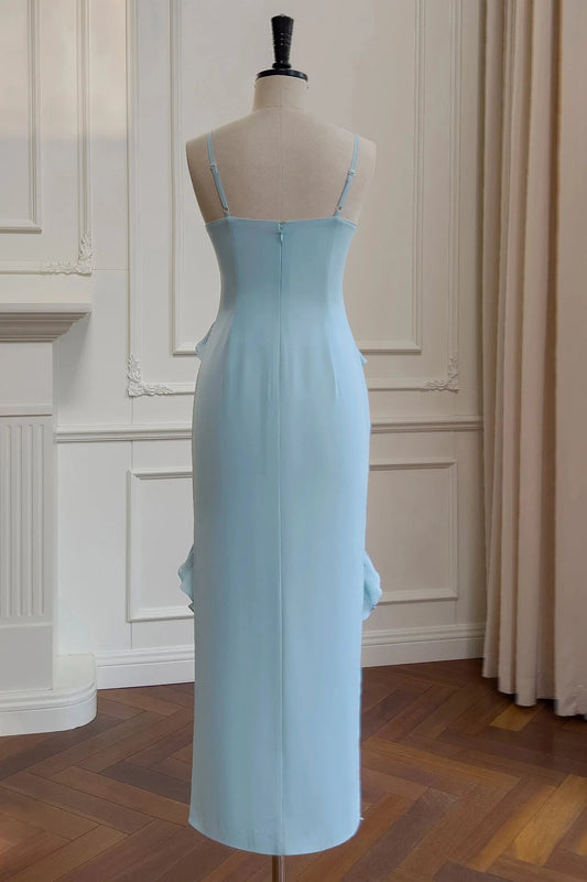 Glamorous Sheath Column Spaghetti Straps Sweetheart Open Back Asymmetrical Ruffle Light Blue Chiffon Evening Dresses