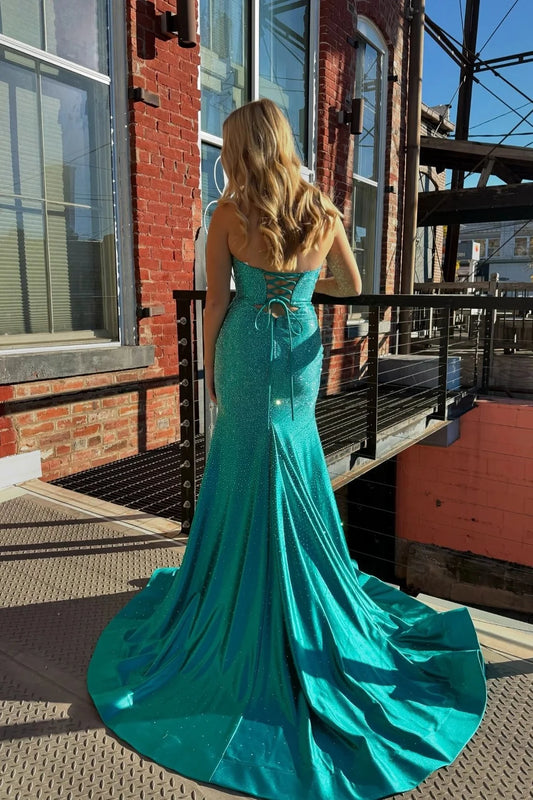 Glamorous Teal Mermaid Strapless Sweetheart Cutout Lace-Up Back Train Evening Dresses