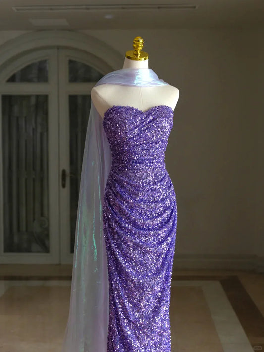 Glamorous Violet-Purple Sequin Mermaid Strapless Corset-Back Train Prom Dress.
