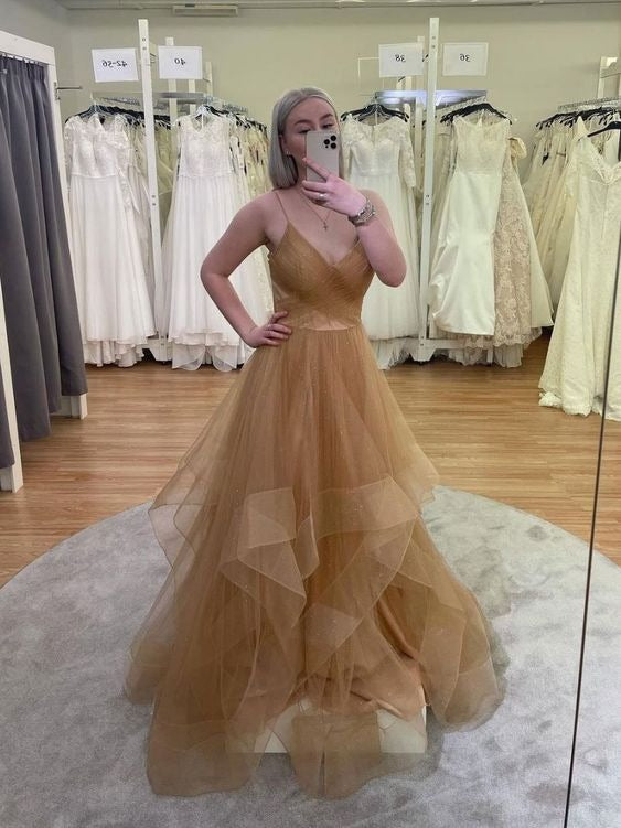 Gold Tulle Spaghetti Strap Tiered Maxi Evening Dress