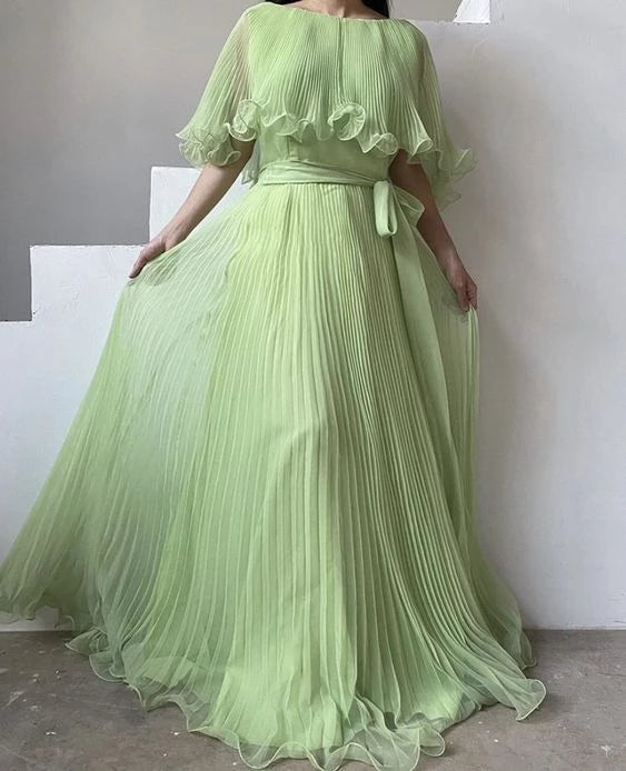Green Pleated Cape Sleeve Belted Maxi Evening Dress