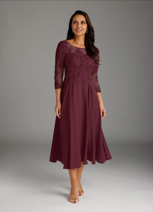 AABEI DRESS Wedding Guests Dresses A-Line Scoop Neck ¾ Sleeves Lace Applique Retro Elegant Mother of the Bride Dress
