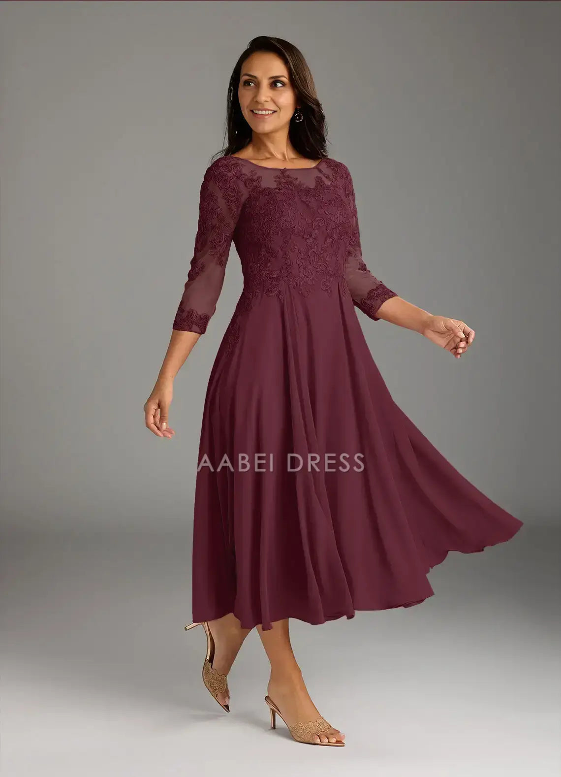 AABEI DRESS Wedding Guests Dresses A-Line Scoop Neck ¾ Sleeves Lace Applique Retro Elegant Mother of the Bride Dress