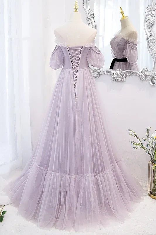 Lavender Off-Shoulder Puff Sleeve Lace-Up Tulle Prom Dress
