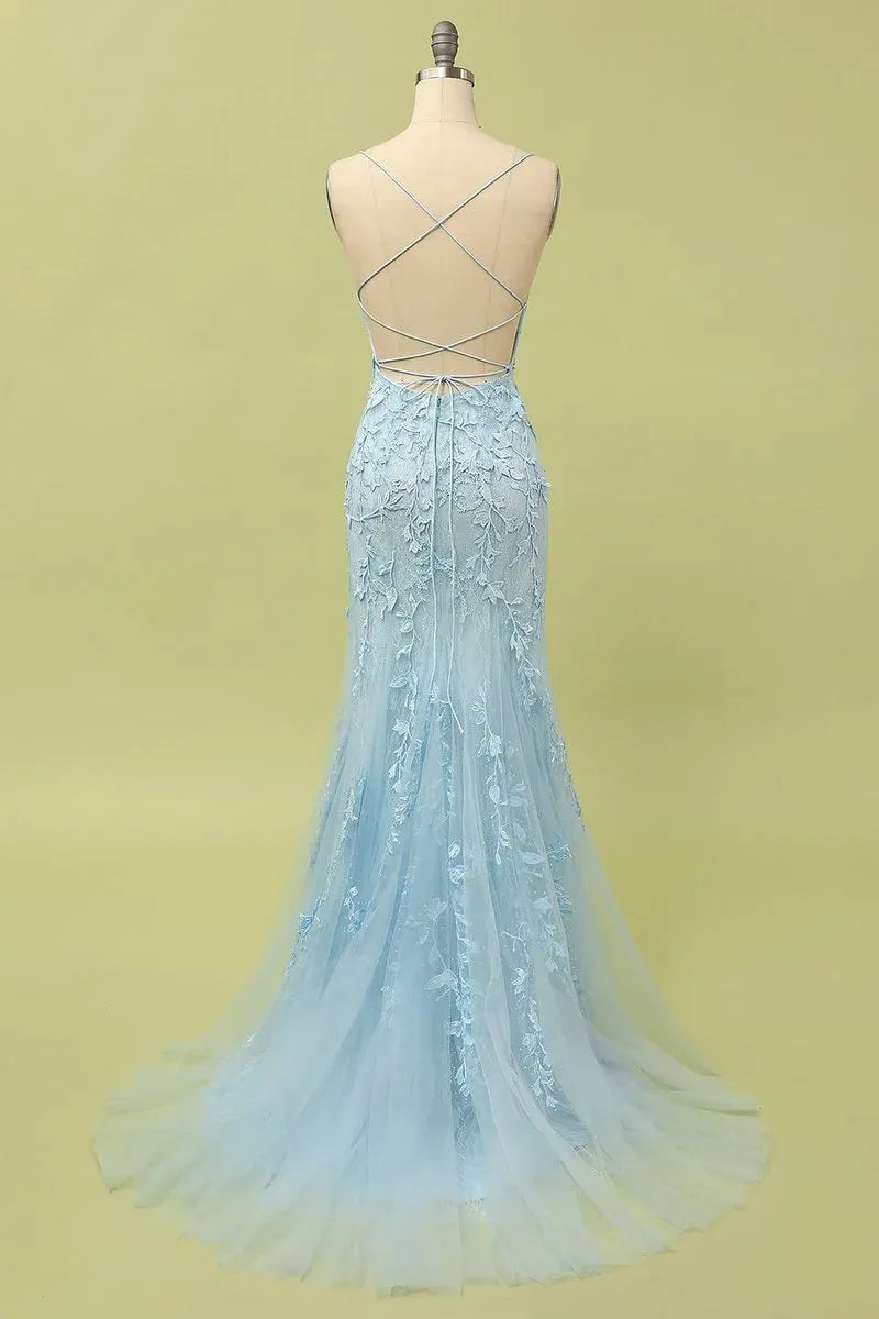 Light Blue Lace-Up Back Floral Lace Mermaid Prom Dress
