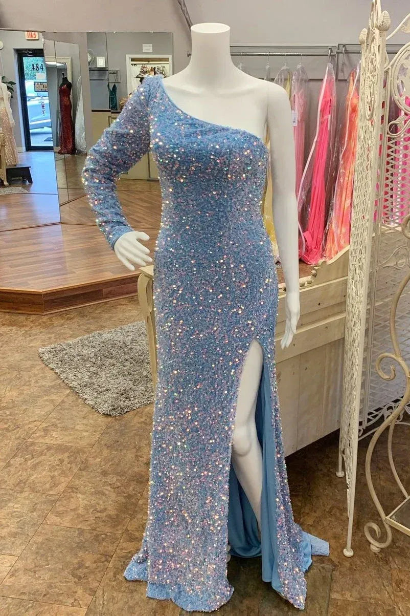 Light Blue One-Shoulder Long Sleeve Sequin Slit Prom Dress
