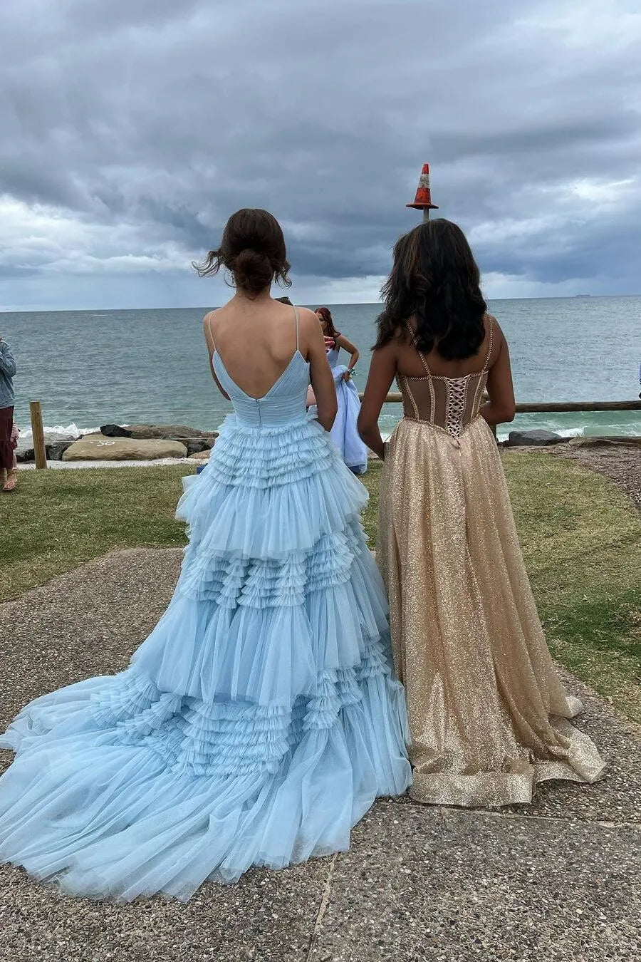 Light Blue Spaghetti Strap Tiered Ruffle Tulle A-Line Prom Dress