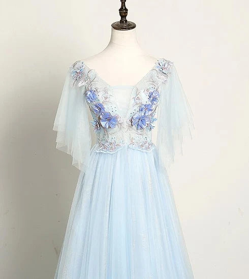 Light Blue Flutter Sleeve Tulle Prom Dress 3D Floral Appliques A Line Lace Up Back