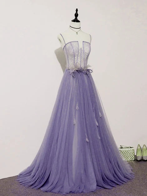 Lavender Spaghetti Strap Tulle Prom Dress Lace Corset Bodice 3D Floral Waist
