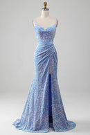Prom Dress Mermaid Cultivate oneself Spaghetti Strap Side Fork Backless Sparkly Sequins Long Charming Formal Wear Dresses