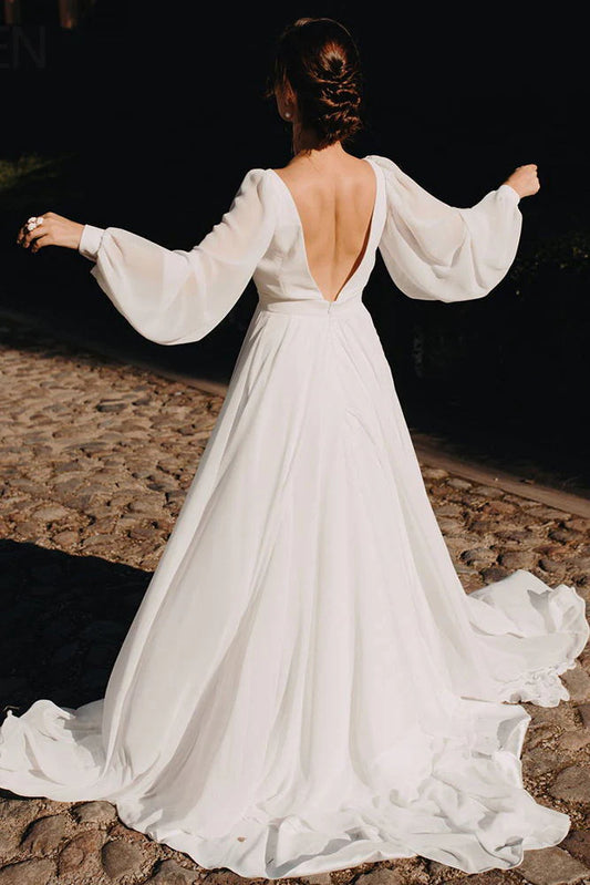 Wedding Dresses Long Sleeves A Line Chiffon With Puff Sleeves
