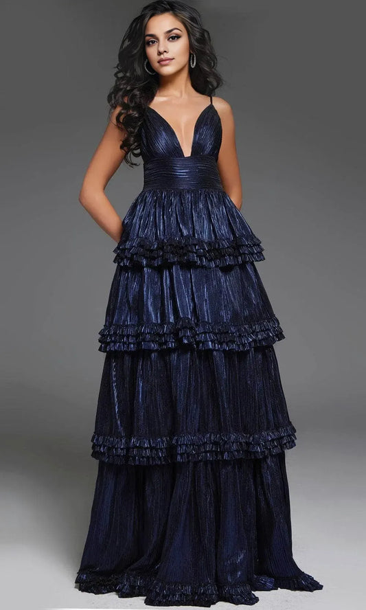 Lustrous A-Line Deep V Spaghetti Strap Open Back Floor Length Prom Dress