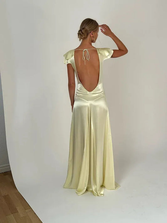 Lustrous Mermaid Deep V Flutter Sleeve Tie-Back Pale Yellow Prom Dress.