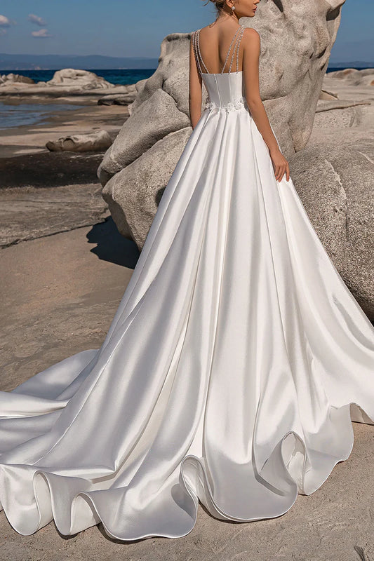 Luxurious Ball Gown Sweetheart Beaded Strap Corset Back Train Length Wedding Dress