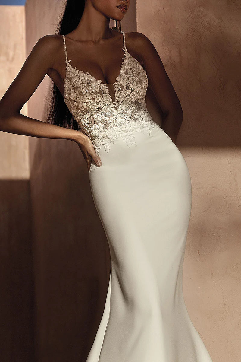 Glamorous Mermaid Plunge-V-Neck Spaghetti-Strap Open-Back Train-Length Wedding Dress