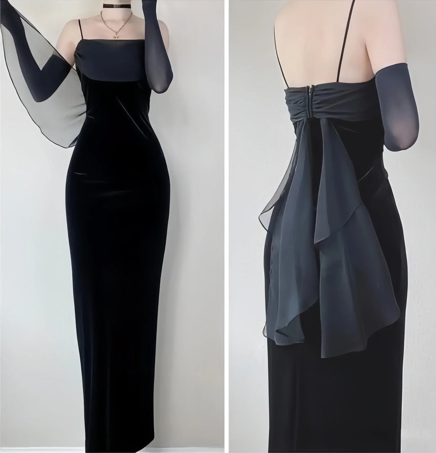 Luxury Mermaid Square Neck Sheer Sleeve Ruffled Back Floor‑Length Prom Dress