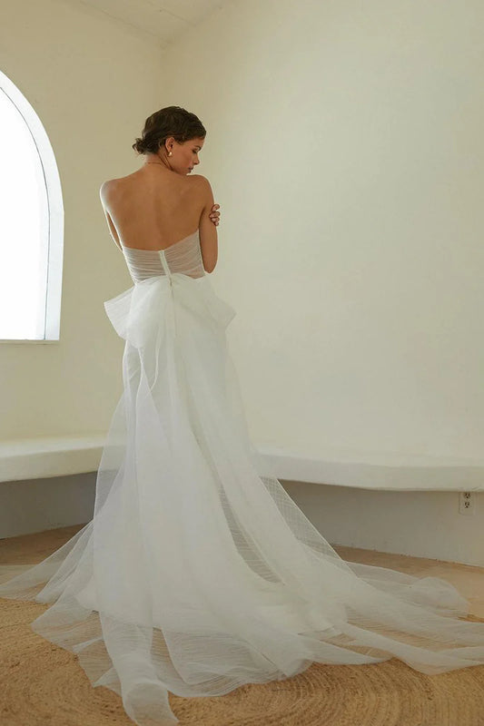 Minimalist Mermaid Strapless Sleeveless Sheer-Back Chapel Train Wedding Dress