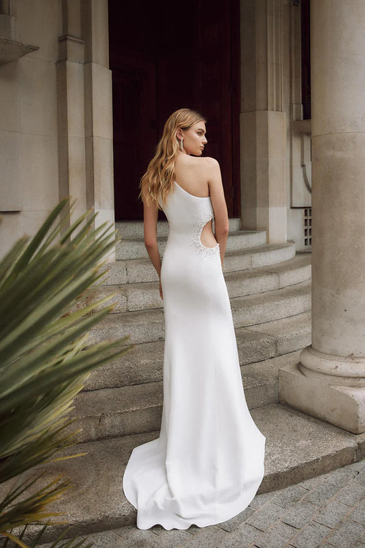 Modern Mermaid One Shoulder Sleeveless Cutout-Back Train Length Wedding Dress