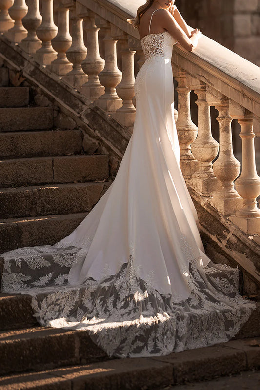 Modern Mermaid Sweetheart Spaghetti-Strap Open-Back Train-Length Wedding Dress