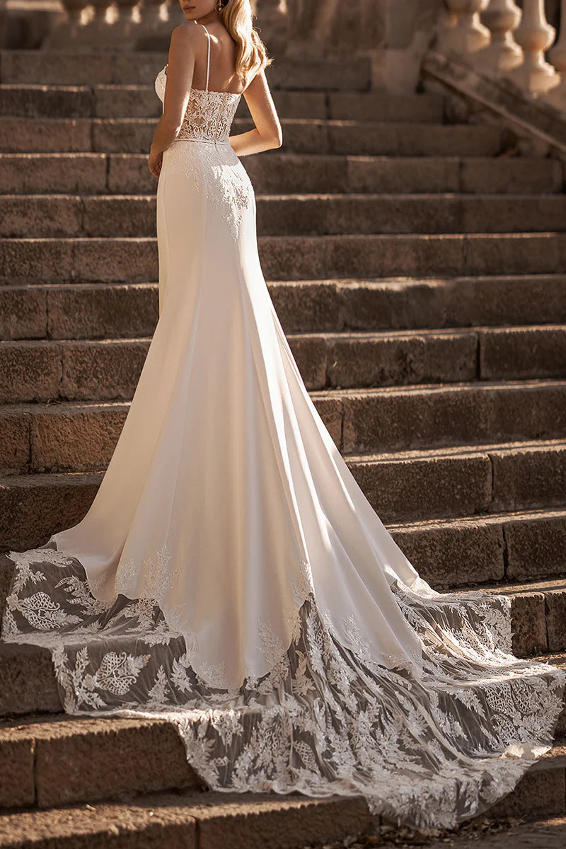 Modern Mermaid Sweetheart Spaghetti-Strap Open-Back Train-Length Wedding Dress