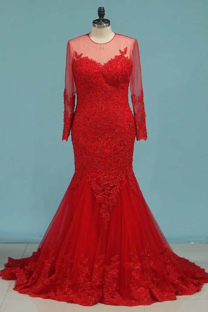 Mermaid Long Sleeves Evening Dress with Appliques