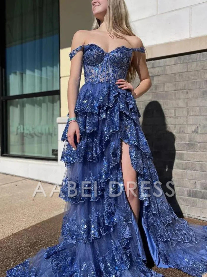 AABEI DRESS A LineTulle Off the Shoulder Sweetheart Tiered Ruffles Prom Dresses With Split Sleeveless Corset Ball Gowns Long Evening Dress