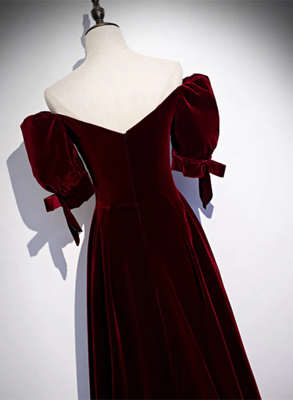 Wine Red Velvet Floor Length Short Sleeves Party Dress, A-line Wine Red Prom Dresses