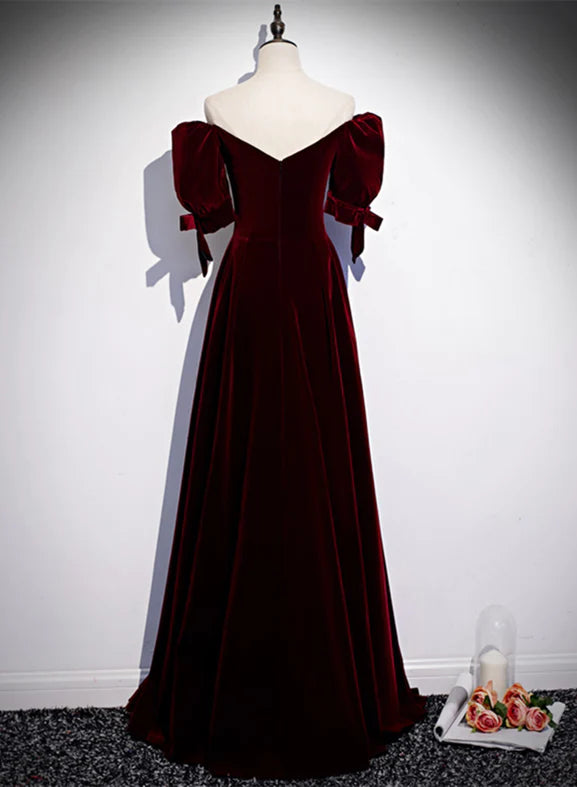 Wine Red Velvet Floor Length Short Sleeves Party Dress, A-line Wine Red Prom Dresses