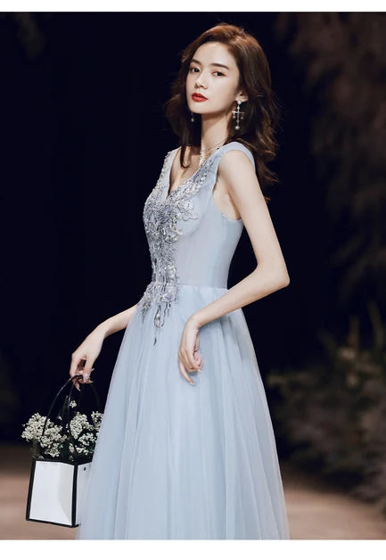 Light Blue V Neck Beaded Tulle A Line Prom Dress Sleeveless