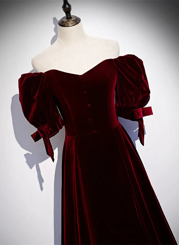 Wine Red Velvet Floor Length Short Sleeves Party Dress, A-line Wine Red Prom Dresses